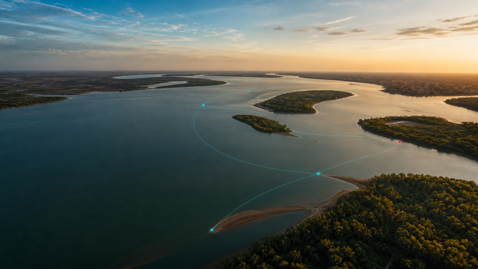 Vista aérea del río Paraná al amanecer con rutas digitales conectando sus islas